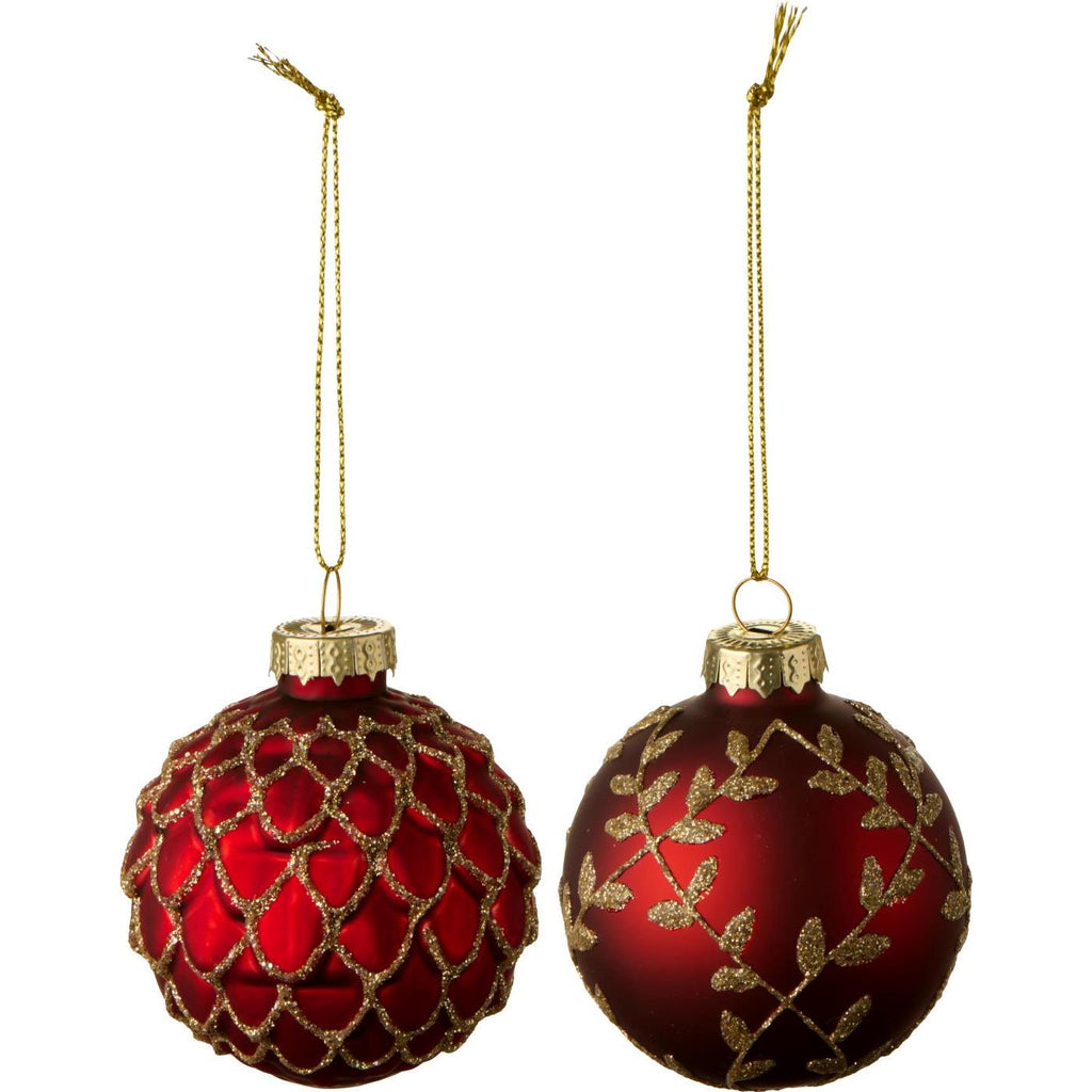 Ib Laursen joulupallo punainen glitter lehtikuvio 6cm