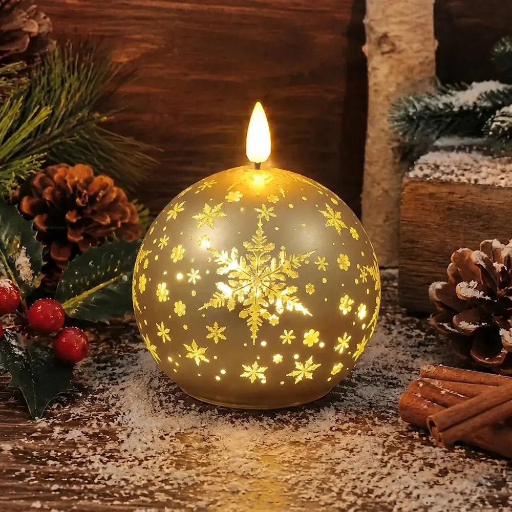 LED-kynttilä valopallo lumihiutaleilla 10 cm – kulta