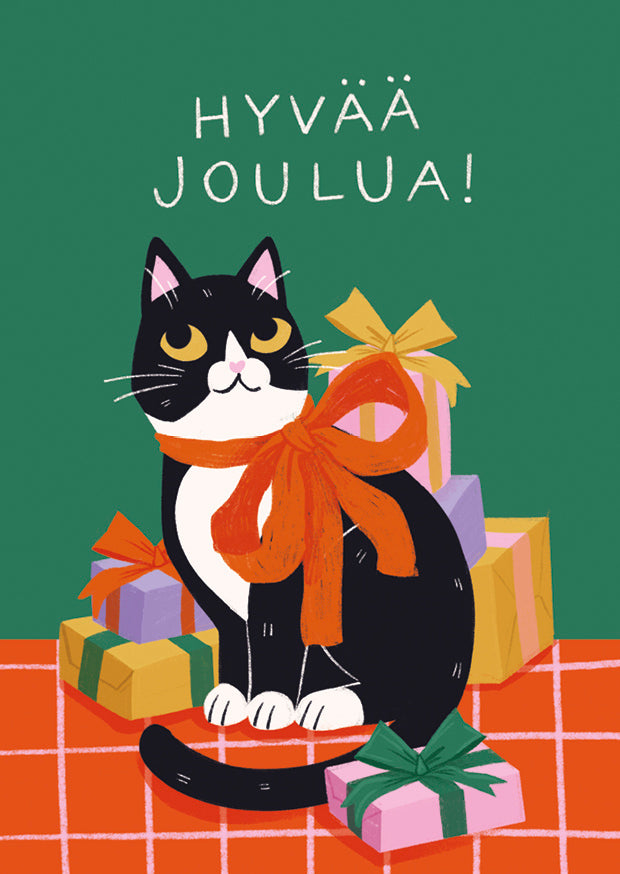 Putinki Kaisu Sandberg Joulukortti - Helvi-kissa rusetti kaulassa, Hyvää joulua!